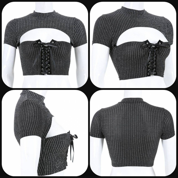 Lace Up Metallic Black Crop Top *DELETING FROM INVENTORY 11/19* - Picture 6 of 8